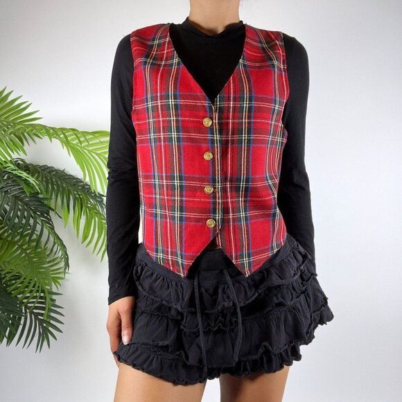 Vintage 90s Grunge Red Preppy Old Money Academia Dark Plaid Vest / Size: Small - Picture 3 of 4